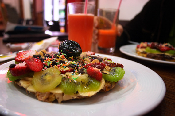 A sweet waffle bursting with fruits, nuts and creamy spreads.