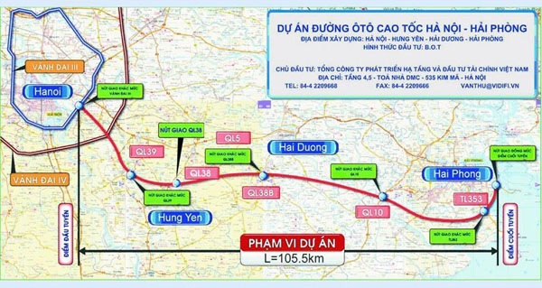 Cao tốc có 6 km chạy qua Hà Nội, 26 km qua Hưng Yên, 40 km qua Hải Dương và 33 km qua Hải Phòng.