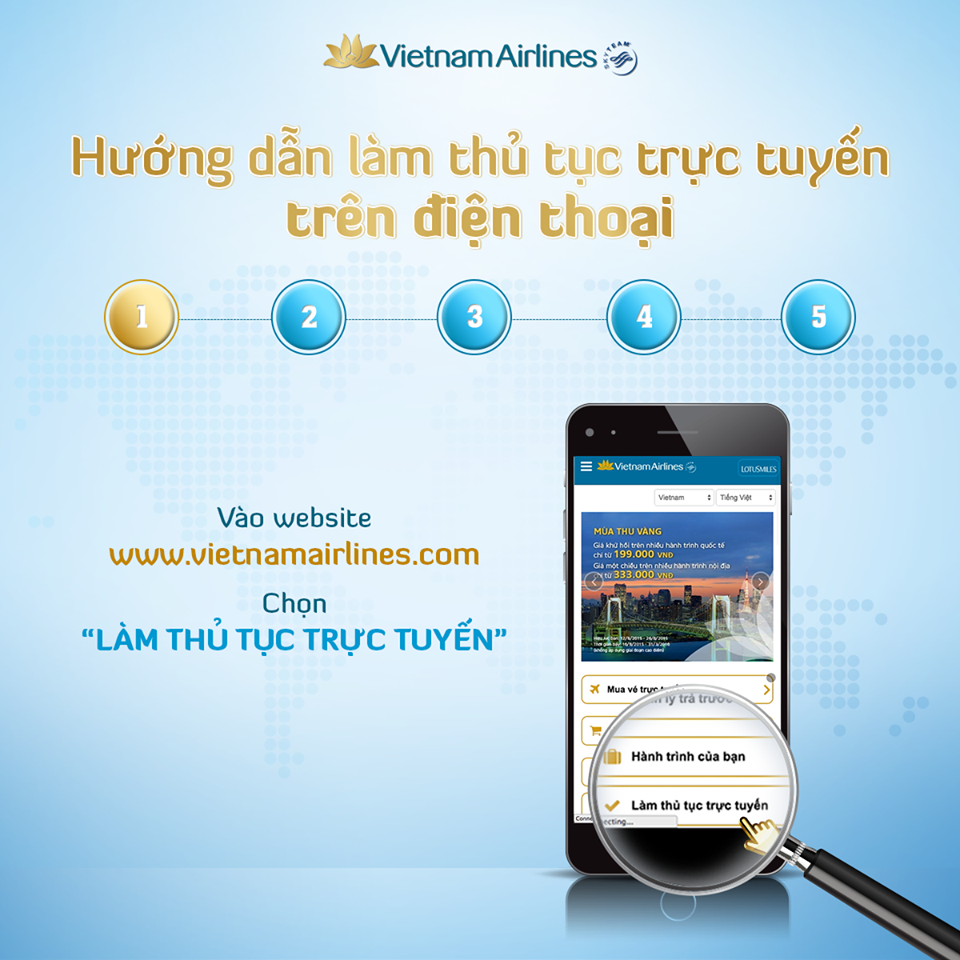 Bước 1: Truy cập vào website: vietnamairlines.com và chọn “Làm thủ tục trực tuyến”